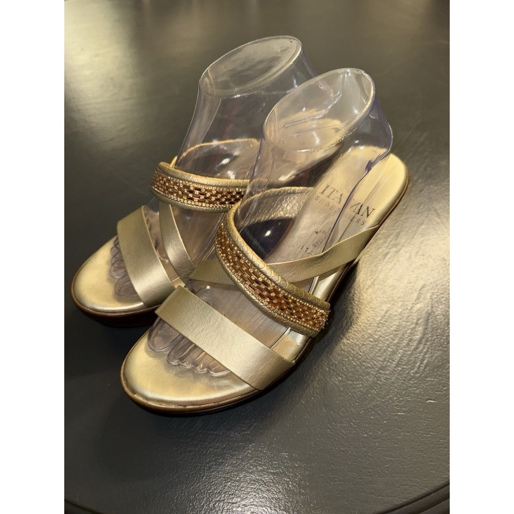 Italian Shoemakers Gold Beaded Cross-Strap Wedge Sandals Size 9.5